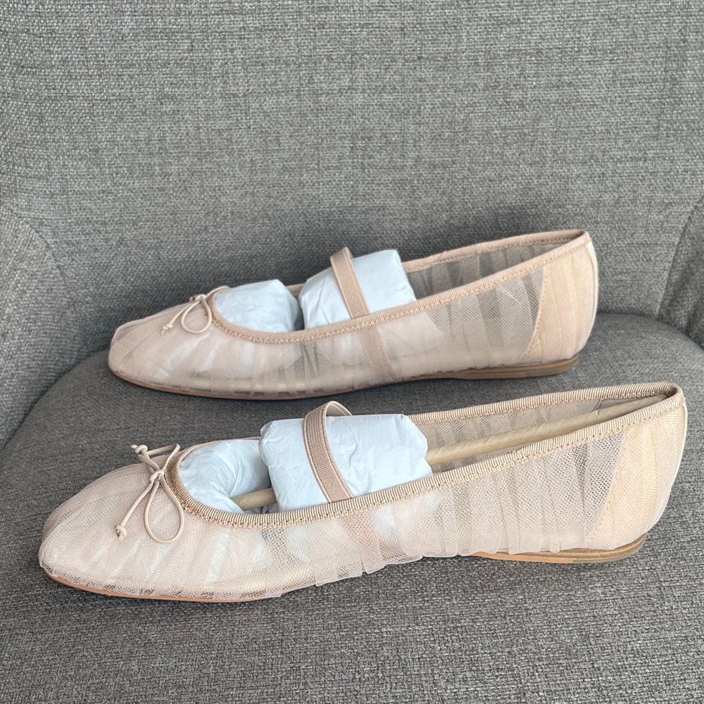 Dolce Vita Raeven Praline Tulle Neutral Nude Beige Mesh Square Toe Ballet Flats - Picture 7 of 16